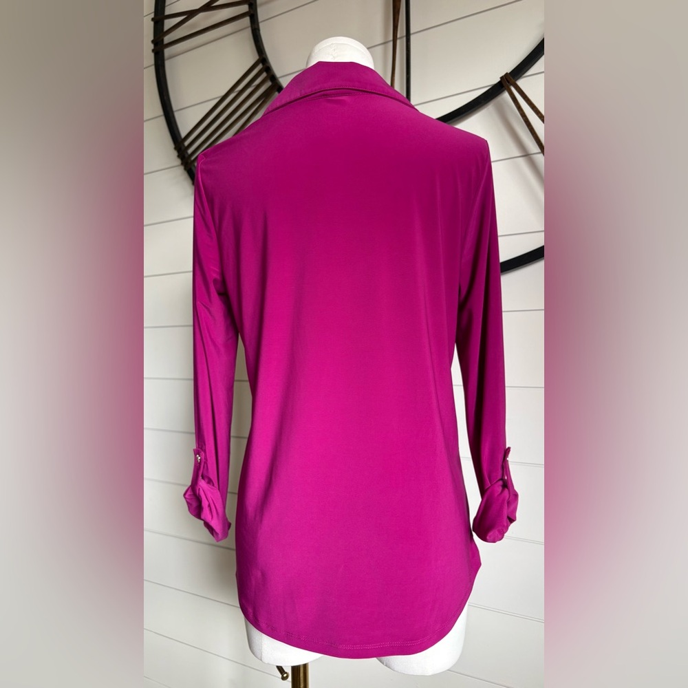 Anne Klein Magenta Half Zip Blouse w 2 Chest Pockets, Long Sleeves w Roll-Tabs - Picture 7 of 9